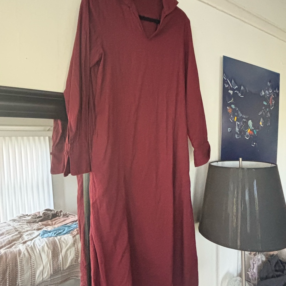 Uniqlo 100% Cotton Maroon Long-Sleeve Dress